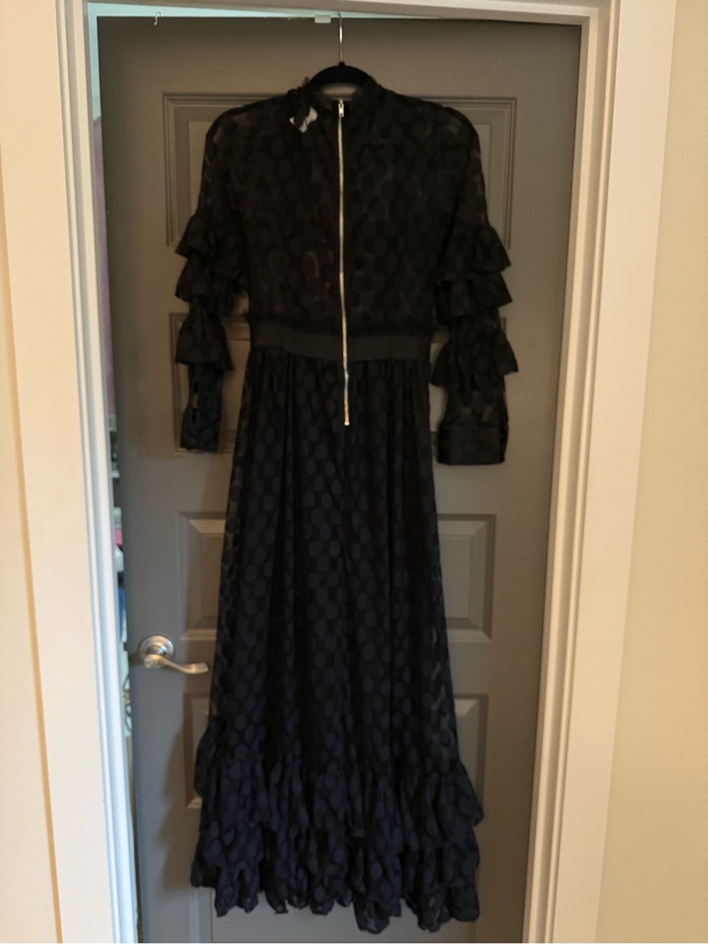 Eien black sheer polka dot maxi dress with ruffled long sleeves, size medium - Picture 7 of 7